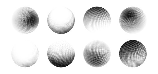 Poster - Grain dot sphere collection of monochrome halftone patterns - circular shapes with gradient mesh texture, stippled surface effects with different density of dots. Abstract geometric elements.