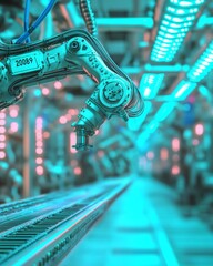 Poster - Gripper retrieves the product from the automated car situated on the manufacturing line in a smart factory, embodying the Industry 4.0 concept; stock management in manufacturing