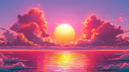 Wall Mural - vibrant pink sunset over calm ocean: a dreamy landscape painting