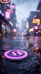 Poster - A futuristic city street bathed in holographic lights, rain-soaked pavement reflecting neon signs, immersive cyberpunk aesthetic, multisensorial experience, cinematic realism, atmospheric fog,