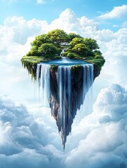 Poster - A whimsical floating island with waterfalls cascading into the clouds, a breathtaking sky filled with pastel hues, dreamlike scenery, immersive sense of wonder, multisensorial serenity,