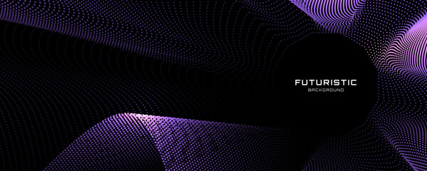 Poster - 3D purple techno background on dark space with dotted lines shape effect decoration. Modern graphic design element with glowing dots waves style concept for web banner, flyer, card, or brochure cover