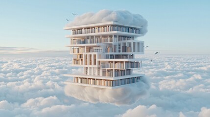 Poster - A surreal floating library in the sky, books flying like birds, immersive intellectual wonder, multisensorial artistic beauty, dreamlike lighting, intricate details, copyspace
