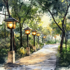 Wall Mural - A serene pathway lined with glowing lanterns, surrounded by lush green trees, creating a peaceful and inviting atmosphere.