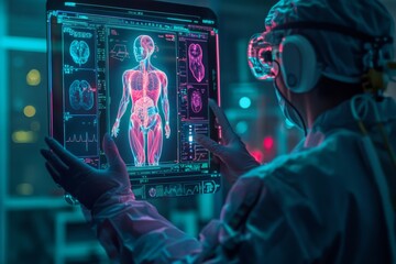 Fototapete - a stock illustration depicting a doctor's hands holding a digital screen that projects a hologram of