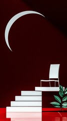 Wall Mural - White Chair on Steps Against a Dark Red Wall with Crescent Moon