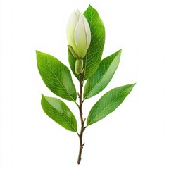 Wall Mural - White Magnolia Bud and Green Leaves on Branch