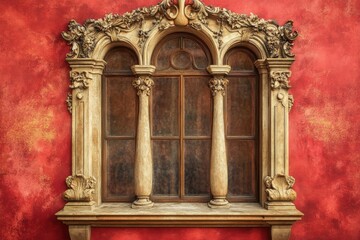 Canvas Print - Ornate window with columns set against a textured red wall