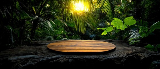 Wall Mural - Wooden Round Table in Lush Green Jungle Setting with Sunlight