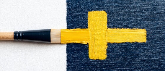 Poster - Yellow Plus Sign Painted on Blue and White Background