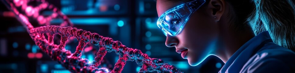 Poster - A woman interacting with a digital DNA helix and a data screen, symbolizing the digitalization of medicine