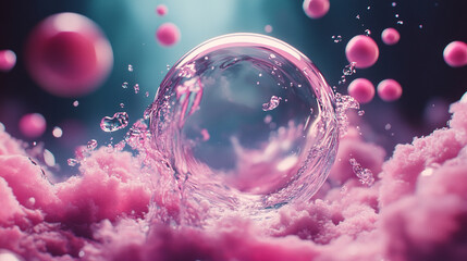 Ethereal scene with a large water droplet surrounded by smaller pink spheres and fluffy clouds, evoking a sense of calm and wonder.