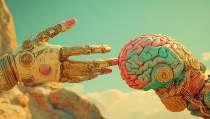 Fototapete - a human hand and a robot arm both pointing towards a digital brain, illustrating the concept of stoc