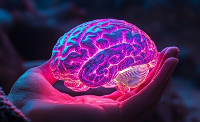 Fototapete - hand holding human brain - a futuristic concept of intelligence, science, and mind
