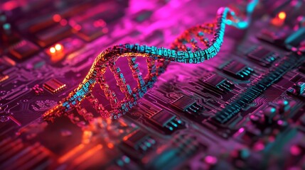 Fototapete - A futuristic digital DNA helix rises from a microchip, encircled by binary code and illuminated circuits, representing advancements in biotechnology and genetic engineering
