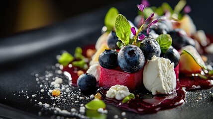 Wall Mural - Gourmet dessert with berries and cream garnished microgreens