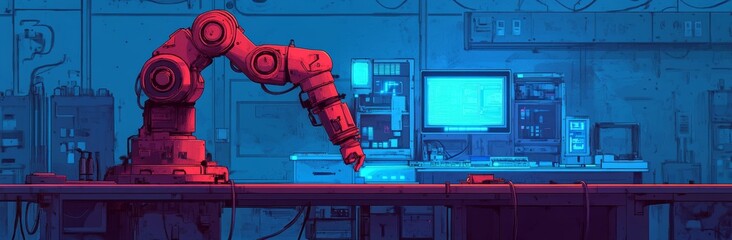 Poster - horizontal background of an automated scientific laboratory. robotic arms performing tests in flasks