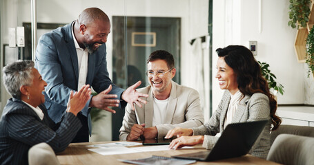Poster - Video call, group and laughing with team, boardroom and discussion for expansion of business or corporate. Happy, virtual conference and people with laptop for meeting, smile and account manager