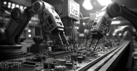 Poster - Industrial production line crafting medicines, technology, and scientific goods. Automated machinery streamlining the production process. Integration of technology and automation. 3D render