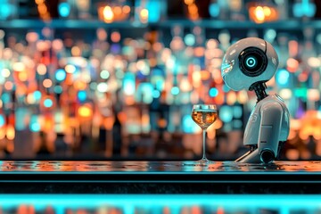 Poster - A 3D depiction of a robot humanoid alongside glass bottles on a table, with an AI robot performing chemical research in a laboratory setting, Stock