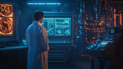 Poster - in a cutting-edge hospital, a doctor directs a team of surgeons in heart surgery, utilizing high-tec