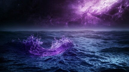 Poster - Ocean waves vibrating under cosmic skies mystical seascape digital art nighttime surreal concept