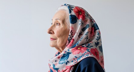 Canvas Print - Caucasian elderly woman floral scarf side view portrait on plain white background