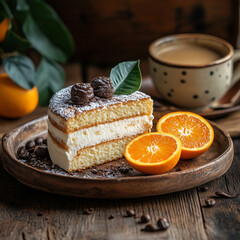 Poster - Rustic Orange Cake Slice with Powdered Sugar and Fresh Citrus