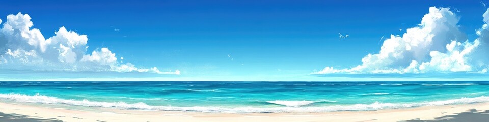 Wall Mural - sunny beach panorama; blue sky, clouds, ocean waves, website banner