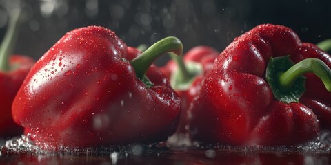 Wall Mural - Vibrant red bell peppers, fresh and organic, on display at a farmers market. Delicious vegetable for cooking.