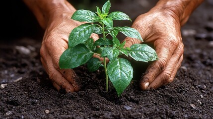 Hands planting seedling in dark soil, growth, nature