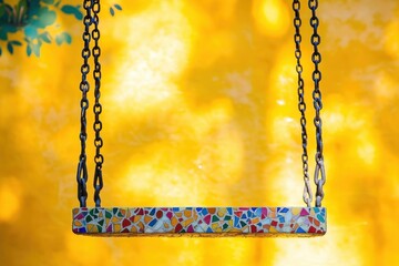 Poster - A colorful mosaic swing hangs against a bright yellow background