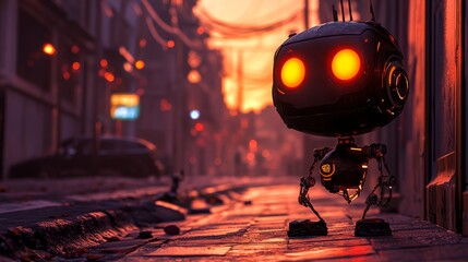 Fototapete - a city sidewalk now hosts a black robot whose eyes gleam a fiery orange as dusk approaches