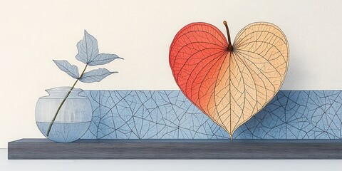 Poster - Artistic heart-shaped leaf and vase display minimalist interior still life modern design close-up nature's beauty