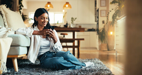 Aufkleber - Woman, mobile and relax in home with social media, reading blog and ecommerce at sofa. Girl, happy or phone in living room floor for comfort, streaming video and online shopping with app subscription