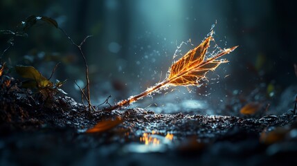 Poster - Dissolving glowing arrow nature's enchantment forest floor artistic visual mystical atmosphere close-up abstract concept