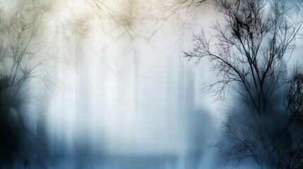 Poster - Soft gray hues in an ethereal landscape with trees - serene misty forest digital art wide view