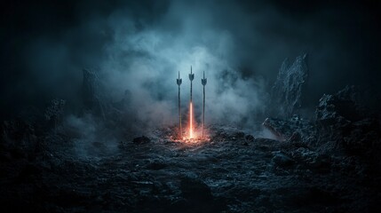 Leinwandbilder - Luminous arrows penetrate layers in a surreal scene fantasy landscape digital art dark environment dramatic viewpoint