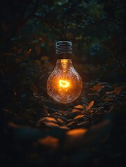 Wall Mural - An electric light bulb glowing amidst the darkness of a forest at night.