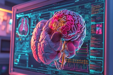 Fototapete - A 3D rendered depiction of a human body and brain, showcasing medical technology AI applications in medicine and science computing systems. It includes the digitalization of hospital and physician