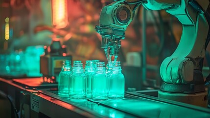 Poster - In a high-tech manufacturing environment, a robotic arm meticulously assembles components, capturing the essence of modern automation with its cool blue color scheme