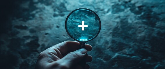Fototapete - a hand with a magnifying glass focusing on plus signs and healthcare medical icons set against a blu