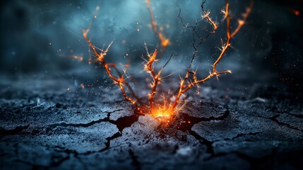 Poster - Bright orange sparks erupt from cracks in abstract ground digital art sci-fi environment dramatic viewpoint