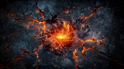 Poster - Dynamic eruption of bright orange sparks through cracked surface abstract concept dark environment close-up view