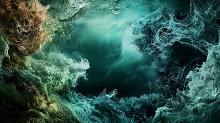 Aufkleber - Abstract digital artwork emerald waves curling through surreal cosmic spaces in close-up
