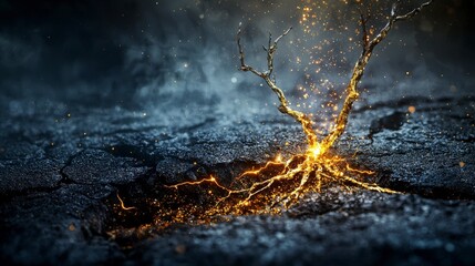Poster - Golden specks emerge from reality's cracks enchanted landscape digital art mystical environment close-up view