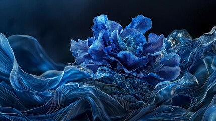 Poster - Indigo waves pulse vibrant flower in abstract design digital art dark background artistic viewpoint
