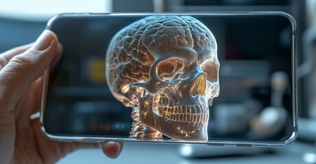 Fototapete - a doctor in the future uses a syringe to extract a liquid medication and creates a hologram of a pla