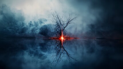 Aufkleber - Mysterious atmosphere dreamlike landscape with lonely light strokes and serene waters in digital art