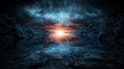 Poster - Serene coastal sunset reflections over calm waters - tranquil digital art in wide angle perspective